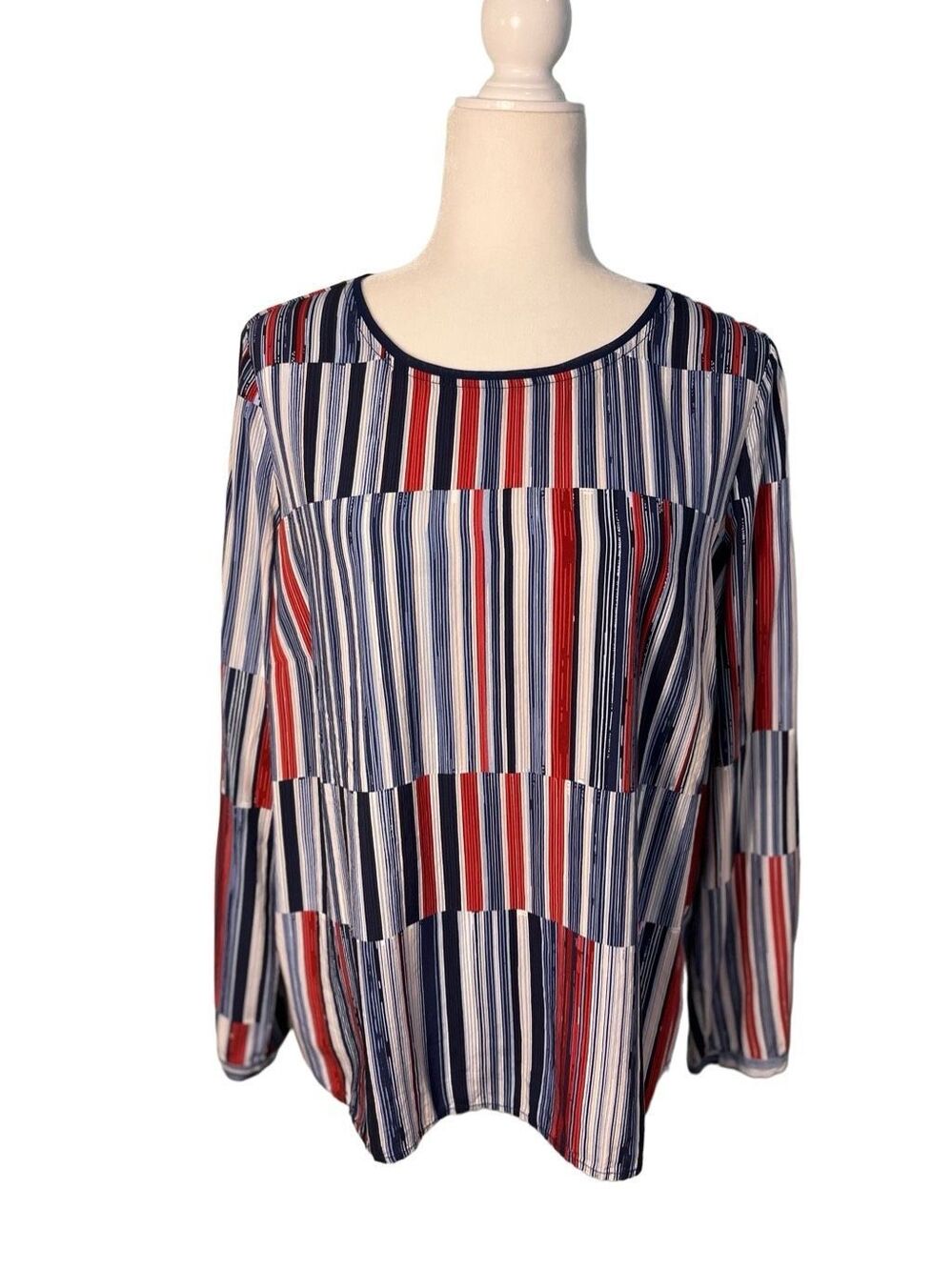 FDJ red and blue striped block pattern long sleeve boxy blouse - 6